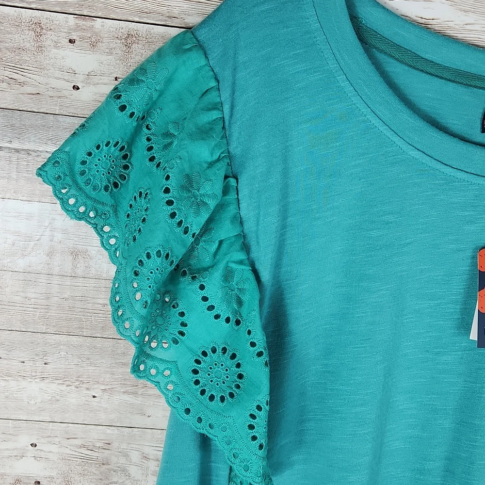 NWT, Indigo Poppy, Women's Teal top, short laced sleeves, with ruffle hemline. S - Picture 3 of 8
